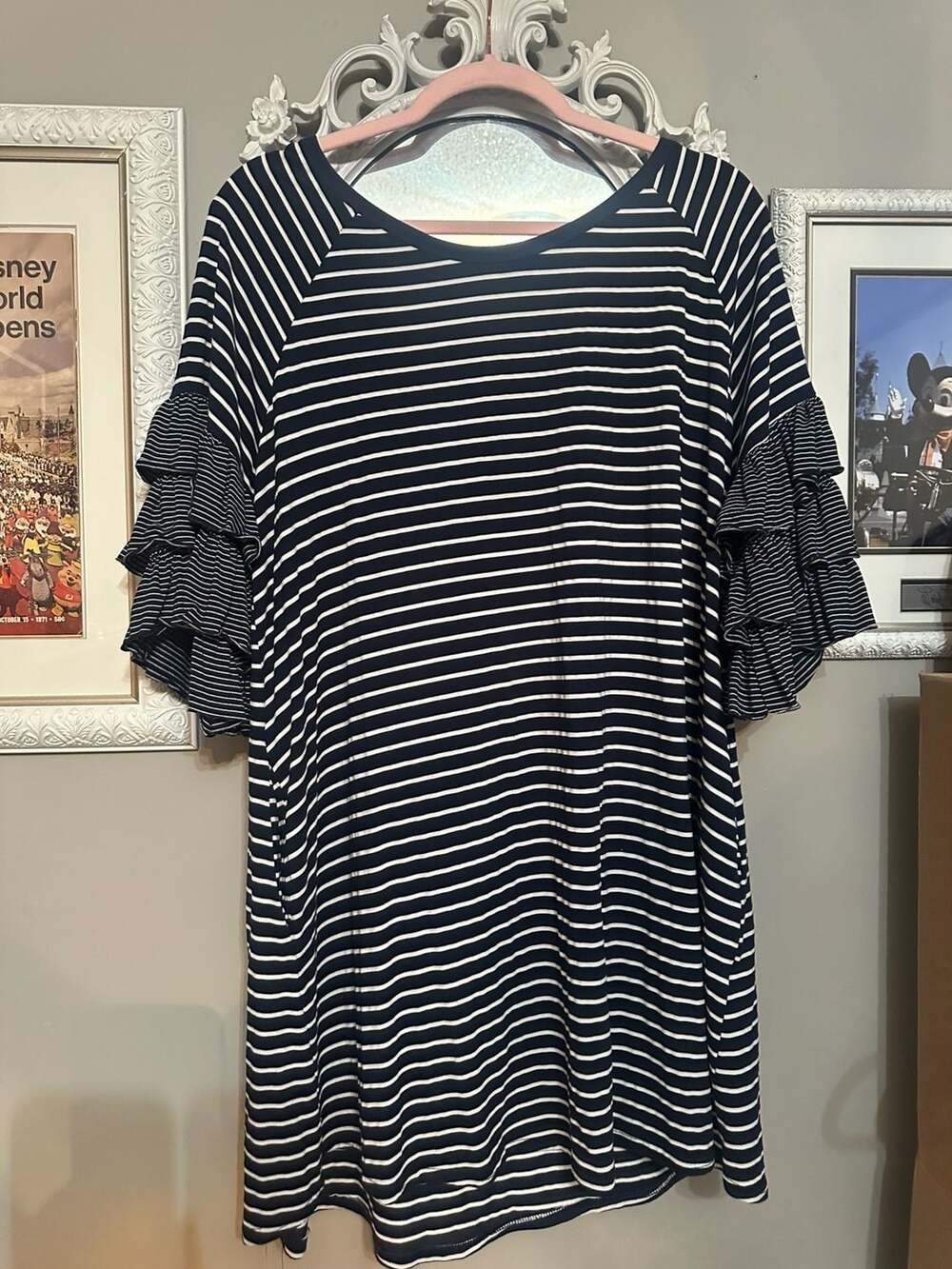 Umgee USA Women's Navy and White Striped Ruffle Sleeve Swing Dress with Pockets